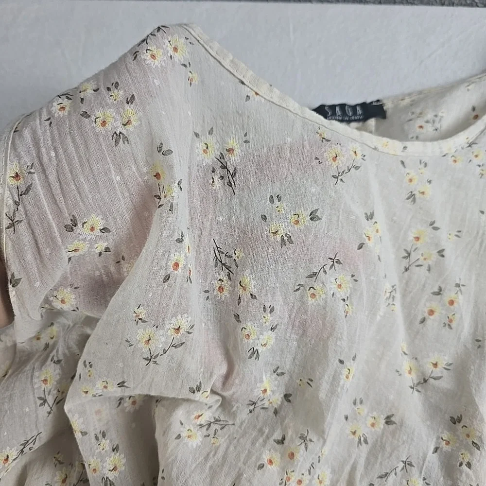 Saga Made In Italy Floral Beige‎ Midi Dress Large Cottage Prairie Lagenlook 90s